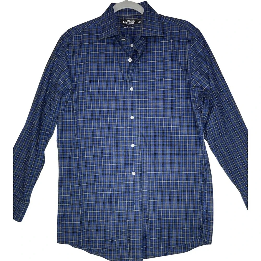 Lauren Ralph Lauren Mens Slim Fit Stretch Non Iron blue Plaid Shirt 18/34-35
